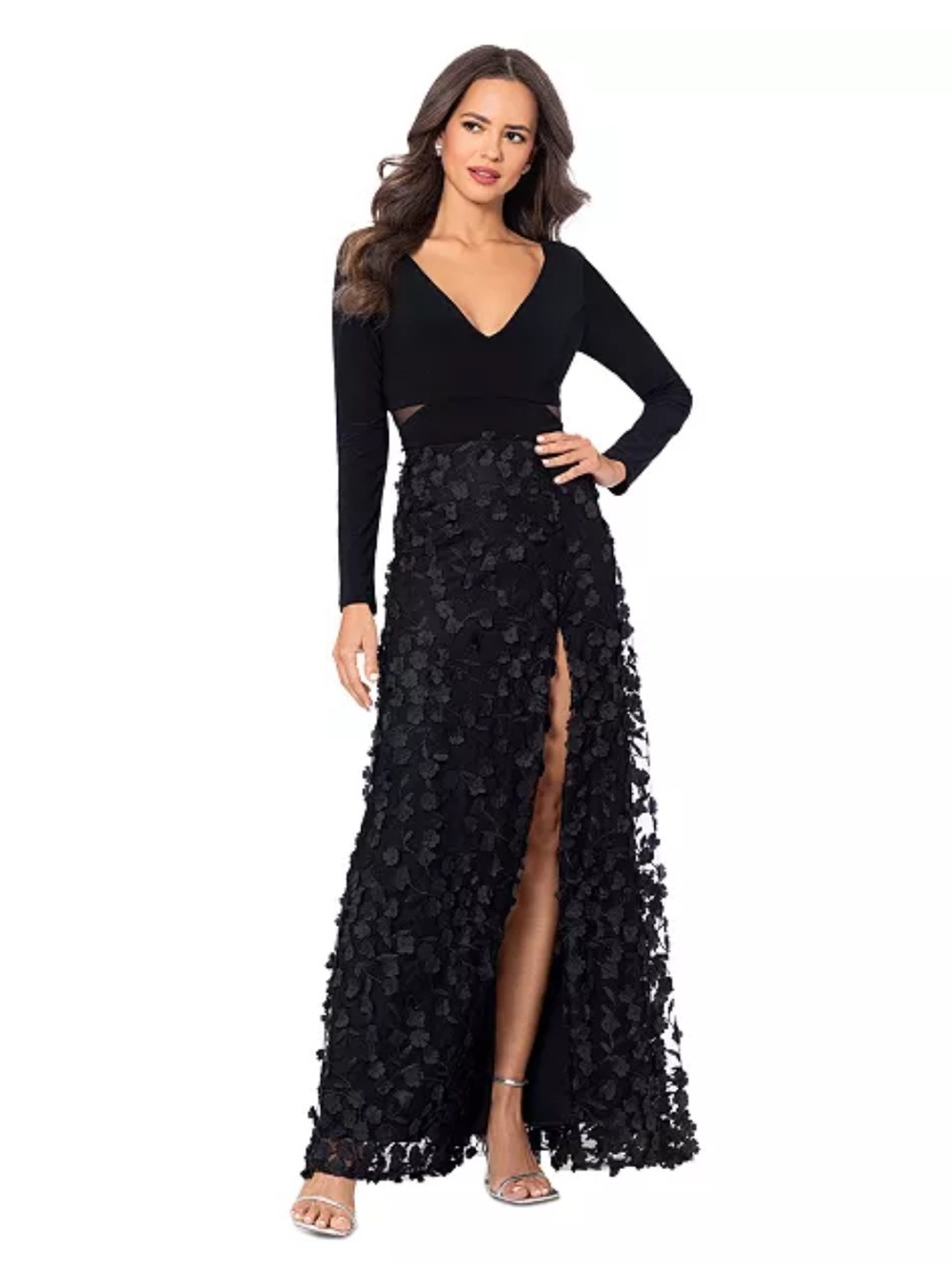 NWT Xscape Black Long-Sleeve V-Neck Evening Gown with Flower Detail